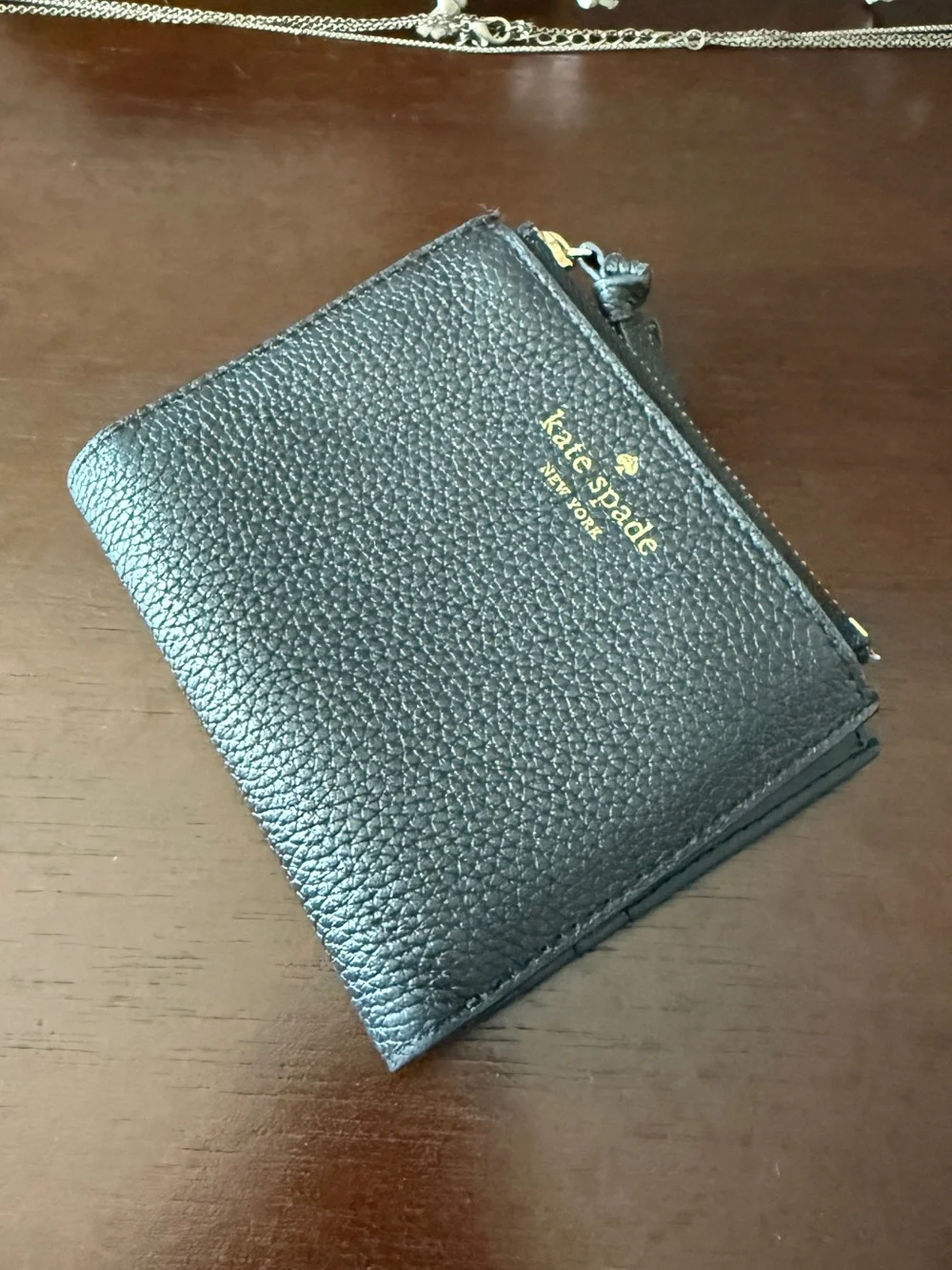 kate spade Black Pebbled Leather Zip Card Holder with Gold Logo
